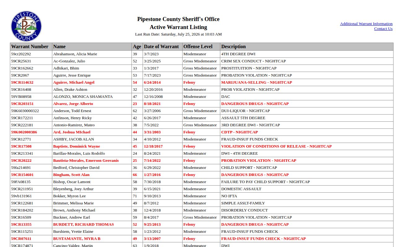 Pipestone County supervision warrant report fields