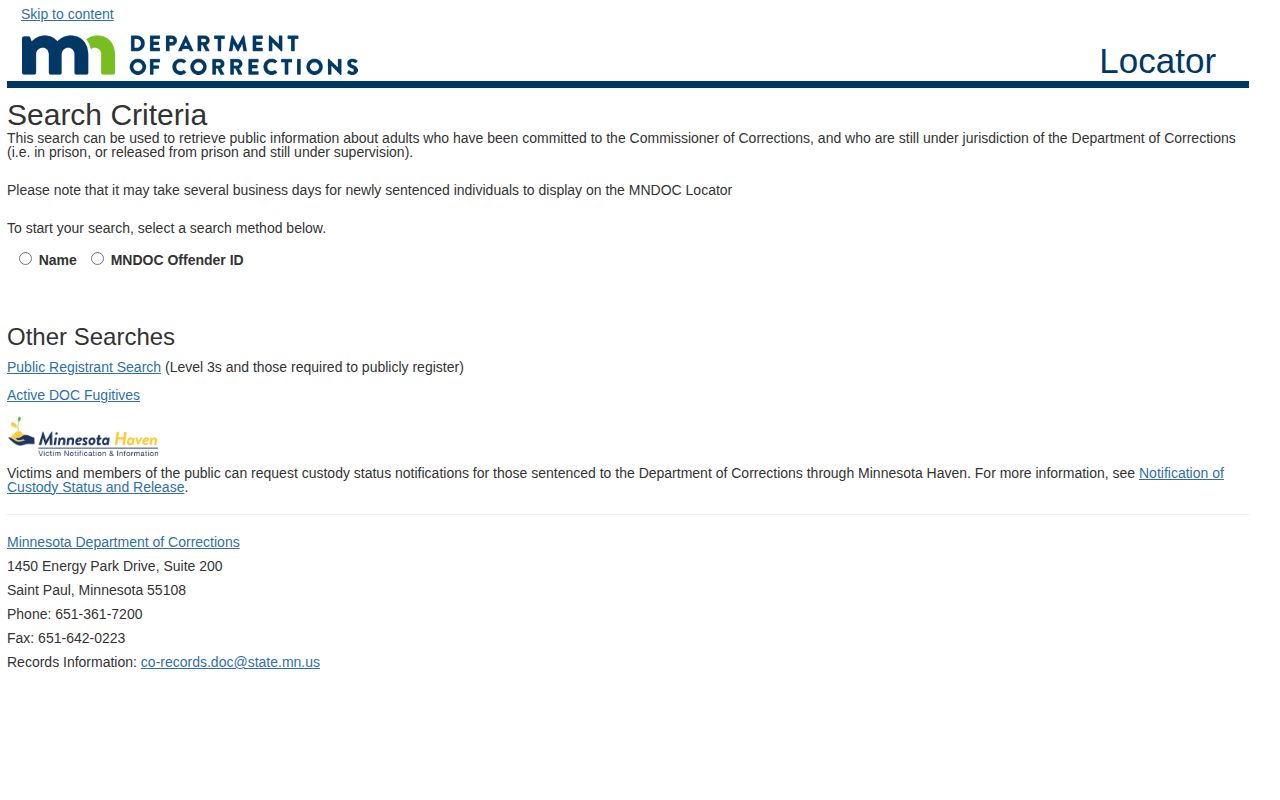 Minnesota DOC search form for Pipestone County released inmates